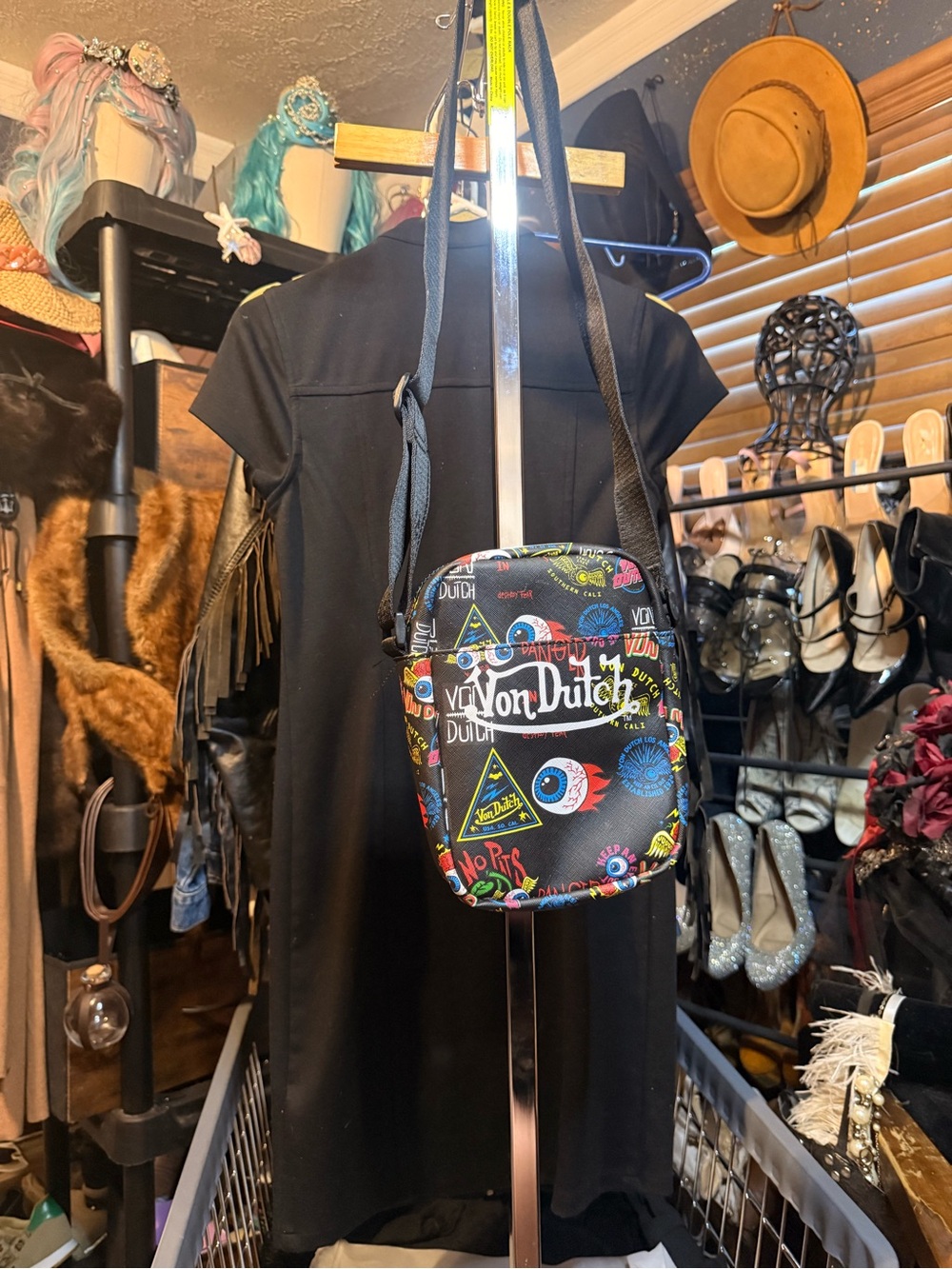 Von Dutch Black Multicolor Graphic Crossbody Bag
